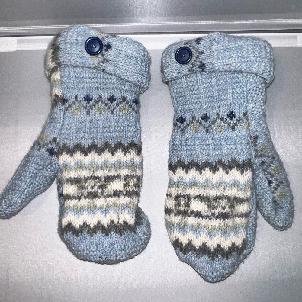 Handmade Wool Blend Mittens Fleece Lined Recycled Medium Large Blue Faire Isle